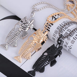 Exaggerated Fish Bone & Fishing Hook Pendant Necklaces Punk Style Black Gold Silver Color Link Chain Personality Jewelry